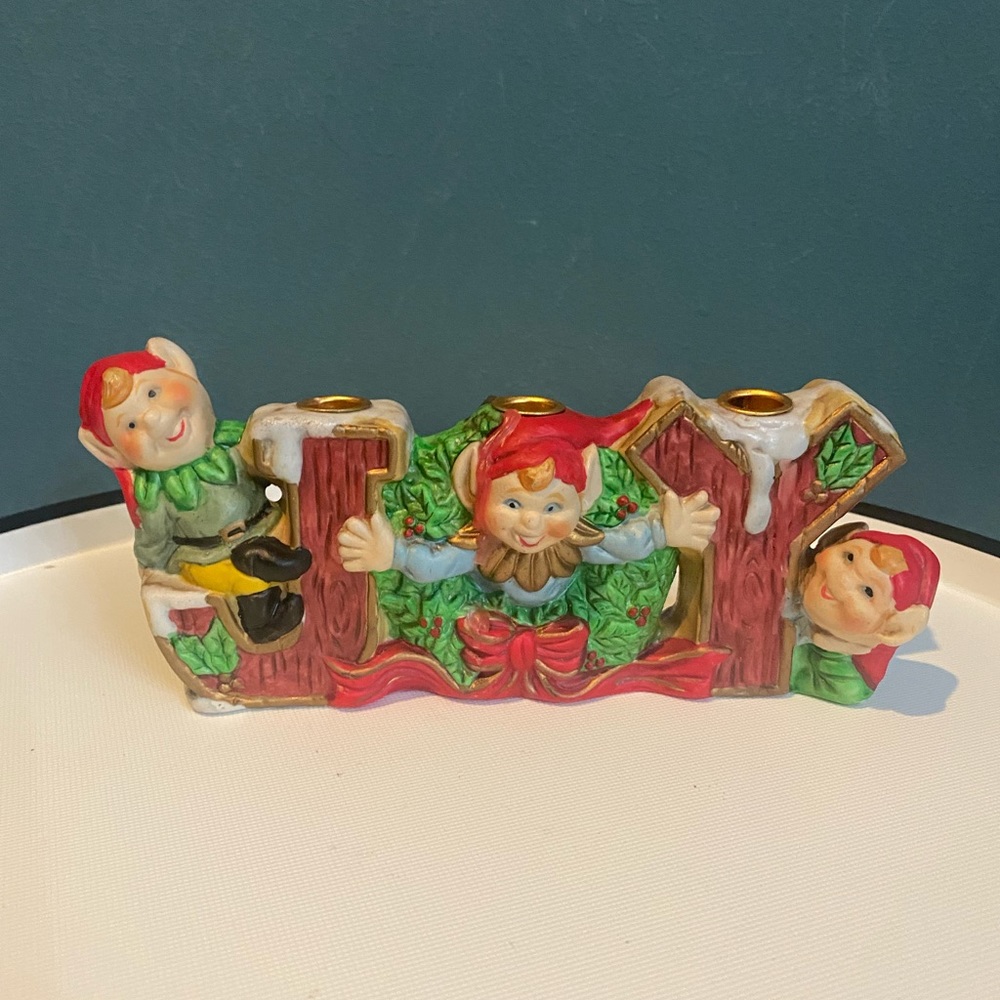Vintage Robel Hall Ceramic JOY 3 Elves Pixies Candle Holder Christmas